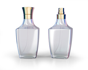 Clear glass perfume bottle with gold atomiser spray. 3d illustration set on white background