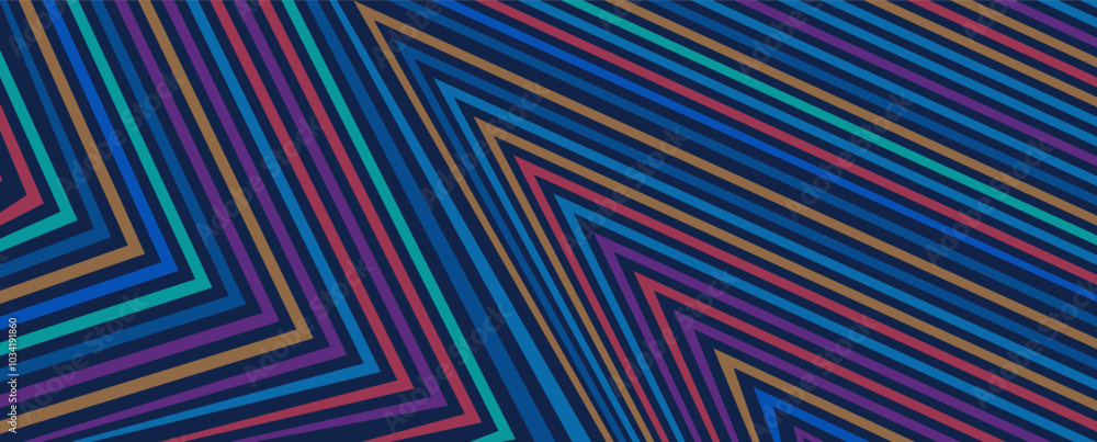 Poster Abstract pattern of geometric symphony. Bold diagonal lines intersect, forming intricate patterns of vibrant, multi-colored stripes on a deep blue background.