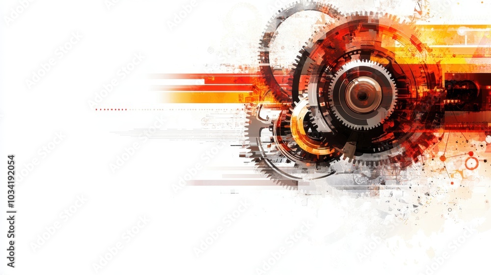 Poster gears and cogs in motion on a white background, overlaid with digital tech elements, symbolizing mec
