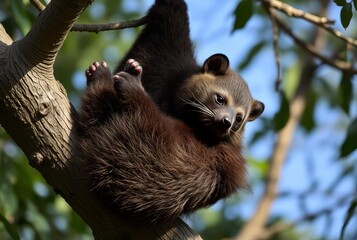 _. Binturong hanging by prehensile tail from tree branch