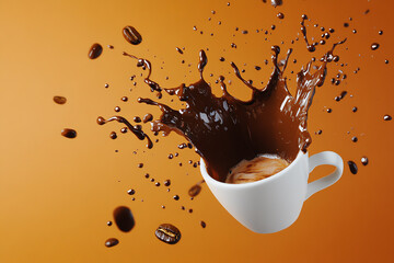 Delightful chocolate splash a captivating moment of coffee and chocolate fusion in a white cup against a warm background