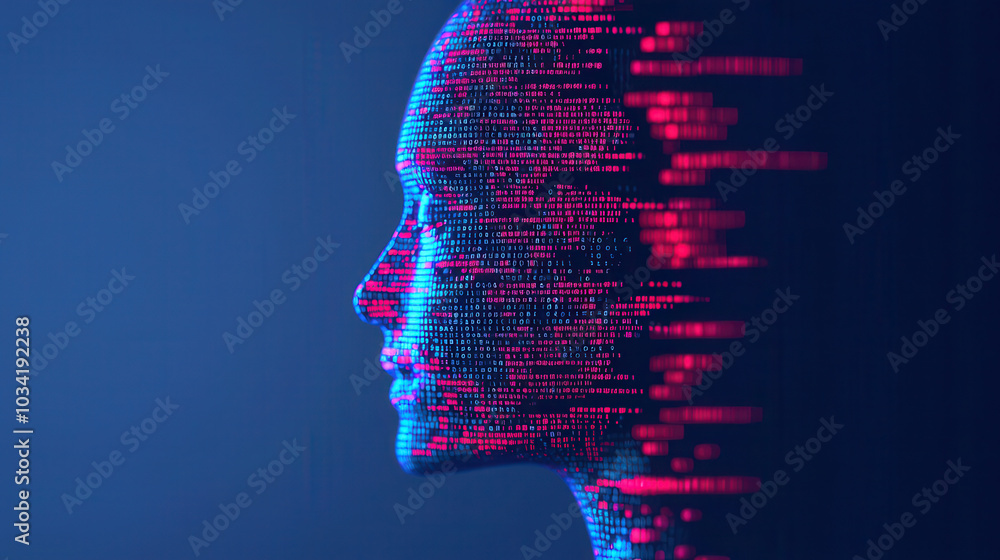 Wall mural image depicts digital representation of human face, composed of binary code and vibrant colors, symb