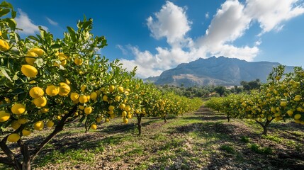 Naklejka premium Lemon orchard and mountain lanscape. 