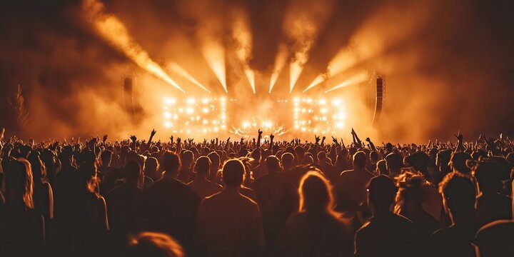 A vibrant concert scene with a lively crowd, glowing stage lights, and an electrifying atmosphere full of music and energy.