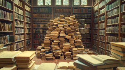 Library study area, open textbook on a wooden desk, stacks of literature surrounding it, bookshelves filled with academic resources, inviting atmosphere for learning.