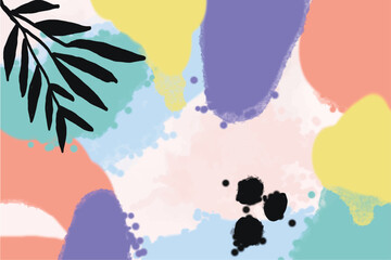 Abstract art banner featuring watercolor leaves branches combined with hand-drawn doodle scribble floral plants.

