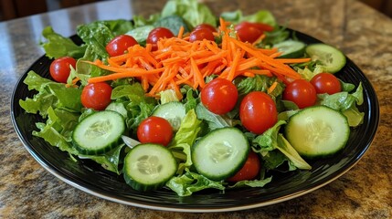 Healthy garden salad featuring mixed greens, juicy cherry tomatoes, cucumbers, and shredded carrots, fresh and colorful