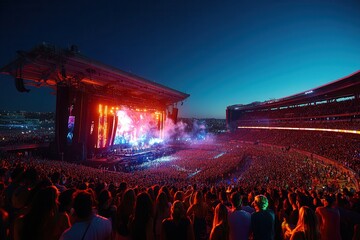 A vibrant outdoor concert scene with a large crowd under a colorful sky, capturing the energy and excitement of live music performances.