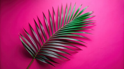 Fototapeta premium A single palm frond with vibrant green leaves against a bold magenta background, showcasing the beauty of simple nature