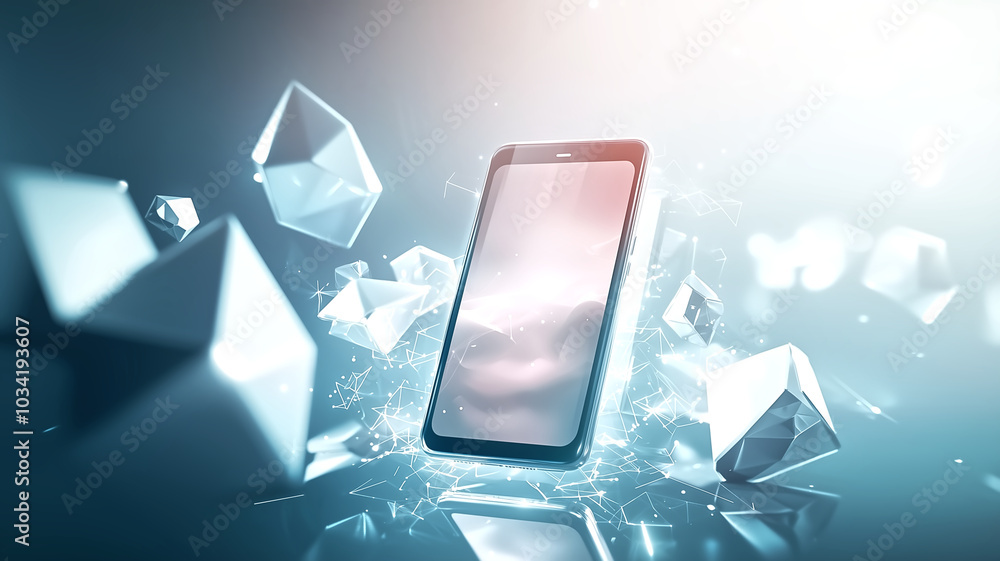 Poster futuristic smartphone surrounded by geometric shapes and glowing particles, creating ethereal and hi