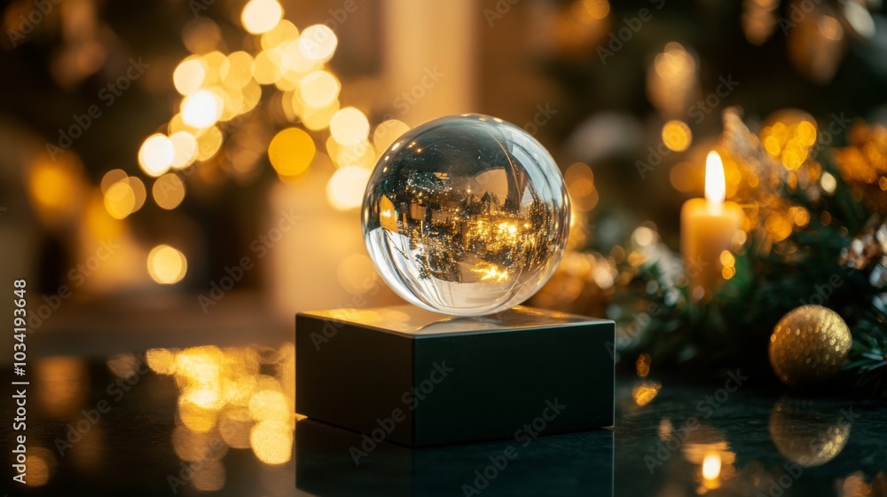 Poster a crystal-clear glass orb captures the soft glow of holiday lights and candles, elegantly placed on 