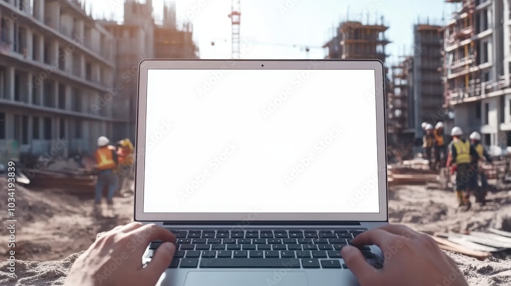 Poster laptop with blank white screen, hands typing while construction workers are visible in the backgroun