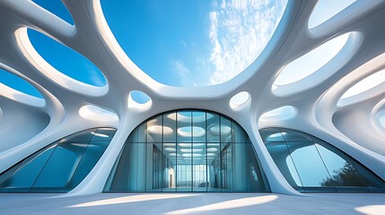 Modern white building with large glass entrance and unique ceiling design.