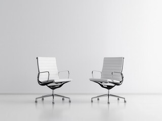 Sleek executive office with minimalist white furniture and chrome accents, elegant office interior, minimalist executive workspace