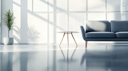 Fototapeta premium Luxurious living room with a grey sofa, armchair, and sleek table against large windows, bathed in soft natural light