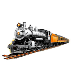 Obraz premium Vintage steam locomotive on tracks, white isolated background.