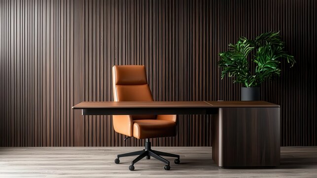 Highend executive desk setup with luxury leather chair, sleek desk, and artistic lighting, executive desk, modern office design