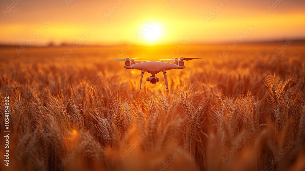 Poster a drone hovers above fields of golden wheat as the sun sets, casting warm light across the landscape