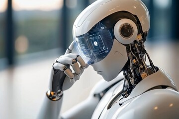 A futuristic AI advisor helping with decisions, providing real-time suggestions with holographic data