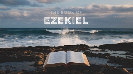 The Book of Ezekiel shining above a Bible set on a rocky shoreline with crashing ocean waves 