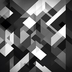 A geometric abstract design featuring various shapes and shades of black and white.