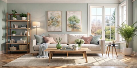 Modern living room interior design with a light green wall, wooden floor, a large white couch, and a large window overlooking the forest