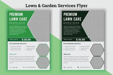 Flyer design template for lawn and gardening services. Design of a poster leaflet for gardening and tree services. Template for lawnmower flyers