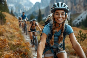 A diverse group of cyclists on a scenic trail, space for text