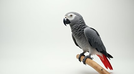 
A striking African grey parrot perches gracefully on a simple wooden branch, set against a minimalist studio background