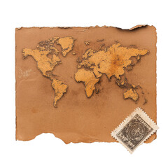 Vintage world map on aged paper with a postage stamp.