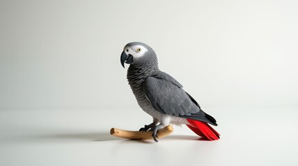 
A striking African grey parrot perches gracefully on a simple wooden branch, set against a minimalist studio background