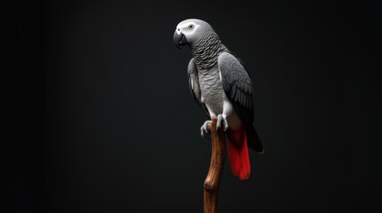 
A striking African grey parrot perches gracefully on a simple wooden branch, set against a minimalist studio background