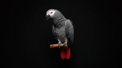 Fototapeta premium A striking African grey parrot perches gracefully on a simple wooden branch, set against a minimalist studio background
