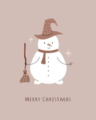 Merry Christmas. Cute snowman with broom and hat. Greeting card, minimalistic post card, poster. Vector illustration