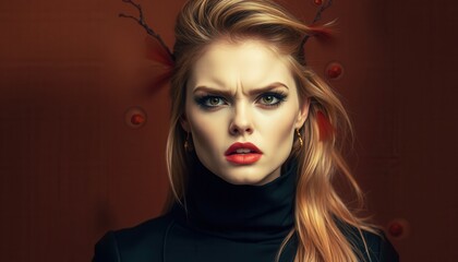 Fototapeta premium A woman with striking features and bold makeup poses against a dark backdrop, showcasing her intense expression and fashion-forward style