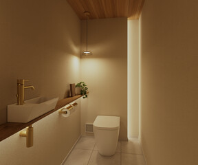  間接照明で落ち着くトイレデザイン　木と真鍮がお洒落な北欧ナチュラルテイストのインテリア