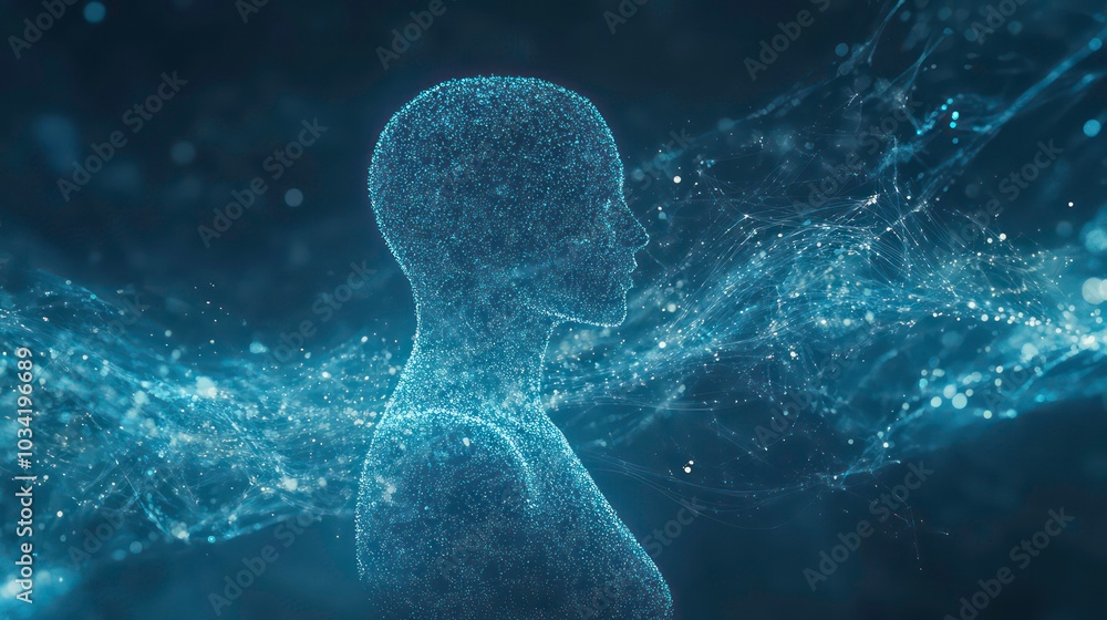 Poster a digital rendering of a human figure made of glowing blue particles, representing a person's digita