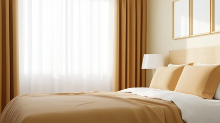Fototapeta premium Cozy modern bedroom with salted caramel accents featuring soft bedding and warm curtains