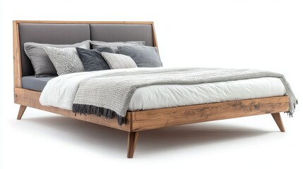 Modern wooden headboard bed with gray and white bedding, isolated on a white background, showcasing minimalist bedroom design