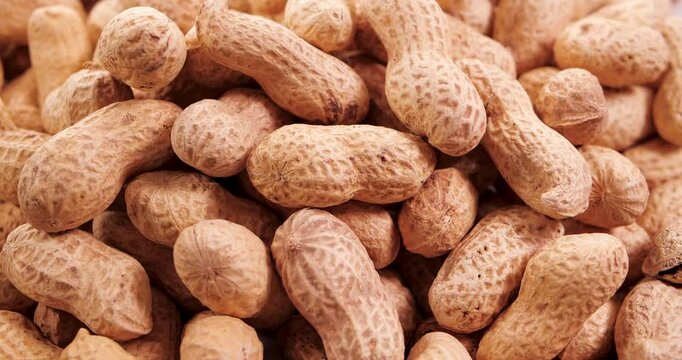 Organic Ground Peanuts with Shells Rotating Background. Raw healthy ingredient Concept. Vegan Food