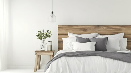 Modern wooden headboard bed with gray and white bedding, isolated on a white background, showcasing minimalist bedroom design