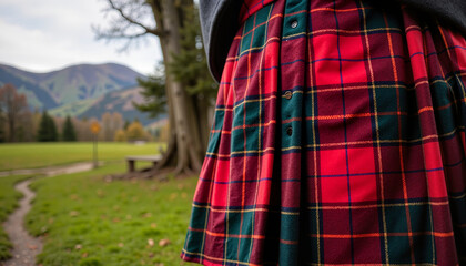 Scottish kilt in focus, vibrant tartan patterns, outdoors in nature, mountains in the background
