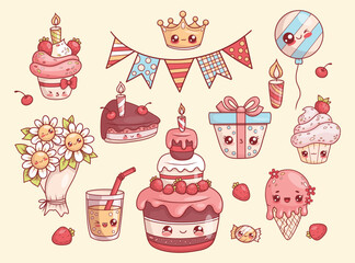Holiday and party set. Isolated sweet kawaii cartoon character food. Festive cake with candles and strawberries, cupcakes, crown, ice cream, bouquet flowers and glass lemonade. Vector illustration