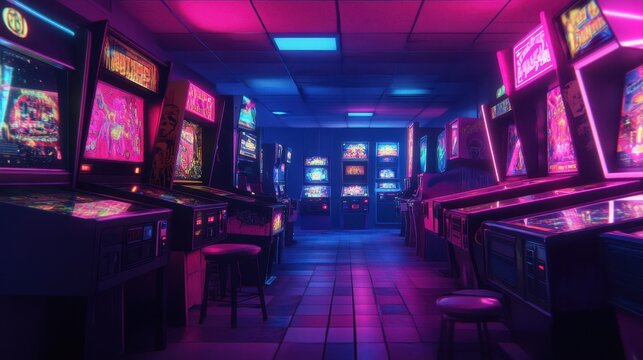 Neon-lit arcade room showcasing pinball machines and vintage arcade games, a blast from the past with a glowing retro aesthetic