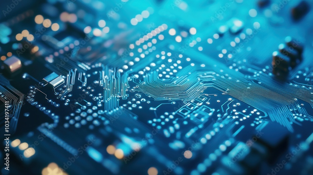Poster close-up of a circuit board with intricate patterns and glowing blue lights