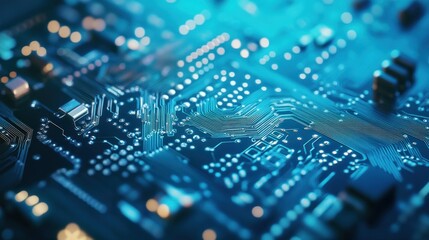 Close-up of a Circuit Board with Intricate Patterns and Glowing Blue Lights