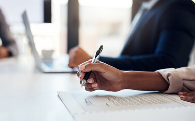 Hands, pen and business contract in meeting for group agreement, deal or legal paperwork. Closeup,...