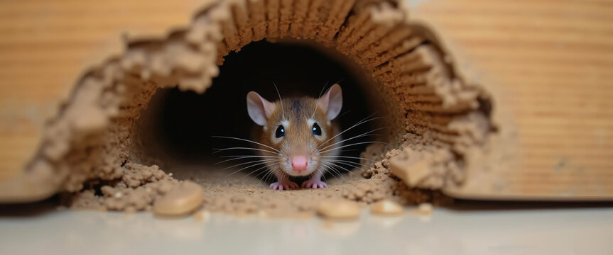 A curious mouse looking through a crack in the wood, depicting the problem of rodent infestation. This image emphasizes the need for effective pest control measures to protect homes from rodents.
