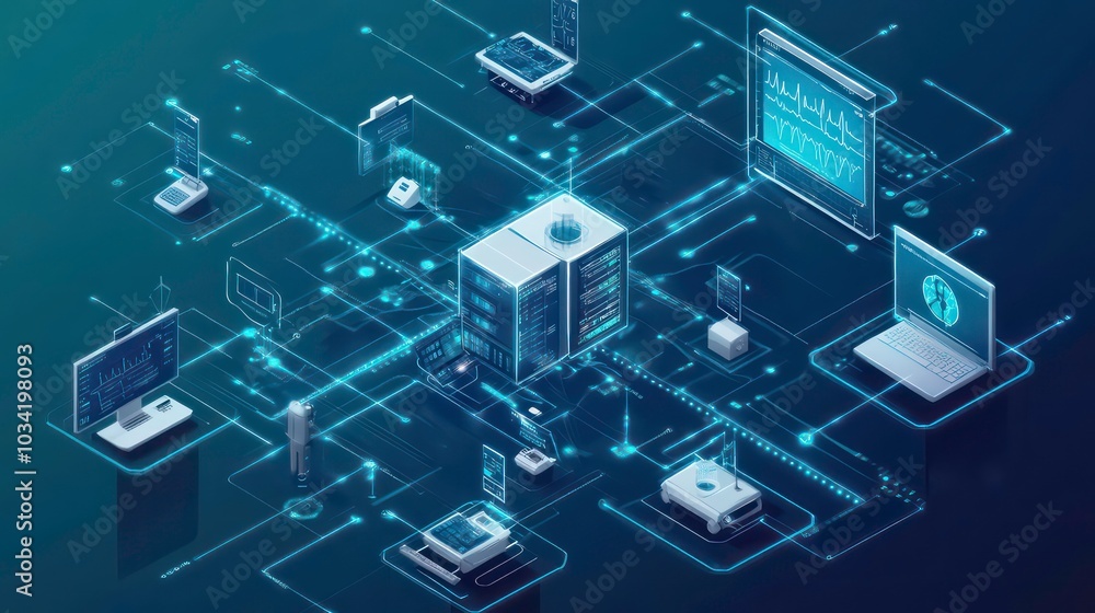Poster a futuristic isometric illustration of a server connected to multiple devices representing data flow
