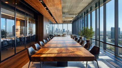 Fototapeta premium Modern Office Conference Room with Cityscape and Natural Light in Contemporary Design